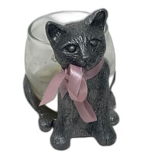 Vintage 1984 METZKE Pewter Cat Votive Candle Holder Metal & Fishbowl 4"